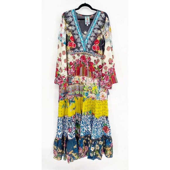 Johnny Was Dibble 100% Silk Maxi Dress XL Floral Long Sleeve Mixed Print Boho - Picture 1 of 5